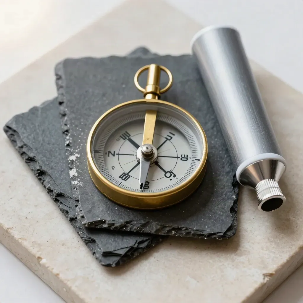 Brass compass, slate chips and a rolled tracing tube on pale stone, top-down macro still life.