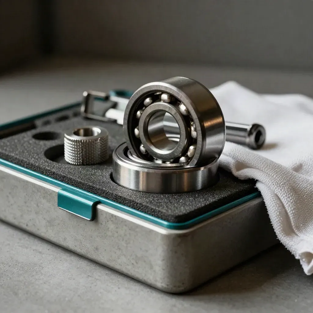 Bearing race, gauge blocks and knurled aluminium spacer on brushed concrete with teal accent.