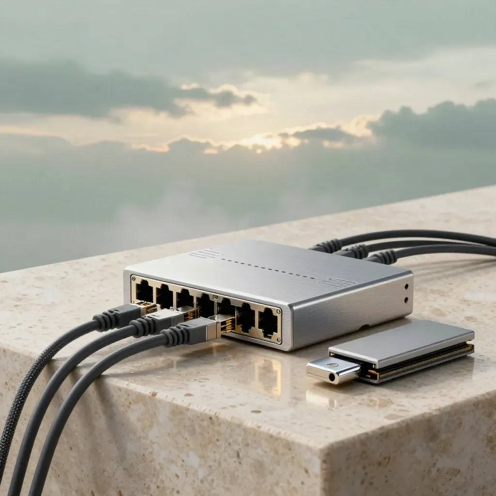 Network switch, SSD stack, Ethernet leads and security key on pale stone at dawn