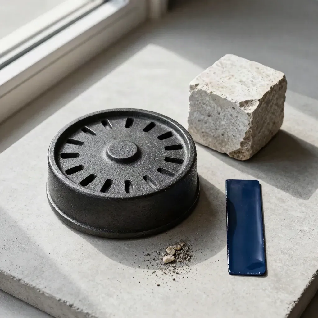 Overhead macro still life of stone, glaze chips, and cast-iron samples on concrete.