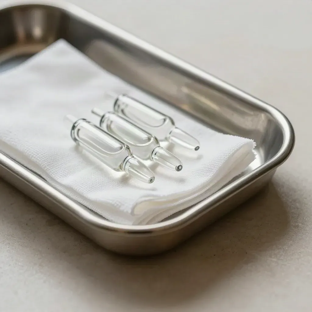 Stainless tray, glass ampoules and gauze folded on pale stone, lit softly in a calm medical still life.