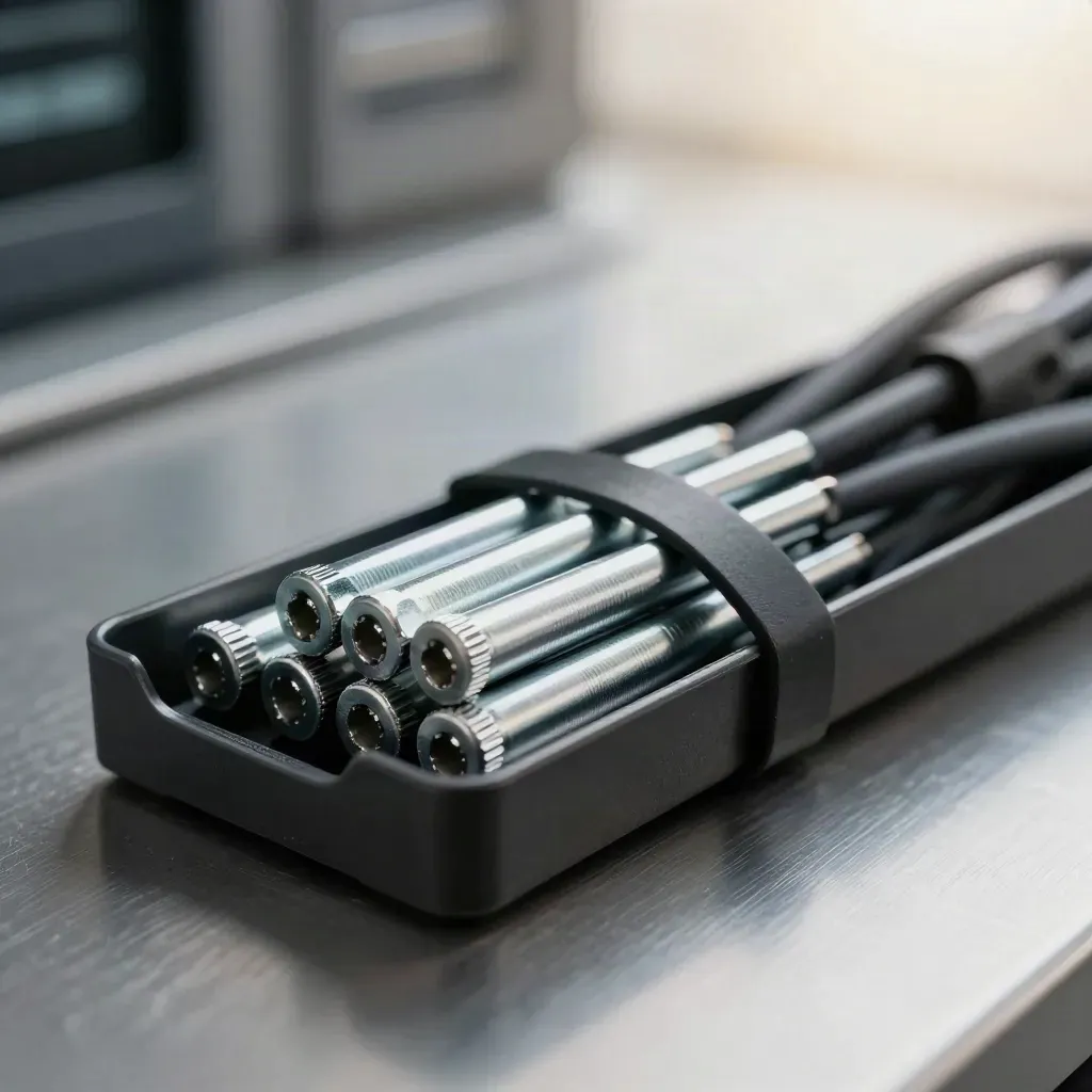 Macro still life of cable ties, aluminium ferrules, and a parts tray on brushed metal.