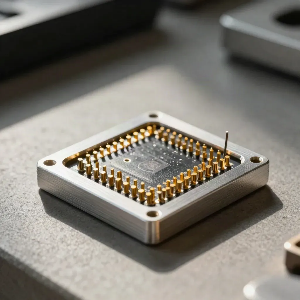Macro of a prototype PCB seated in a metal frame with gold pins and spacer posts.