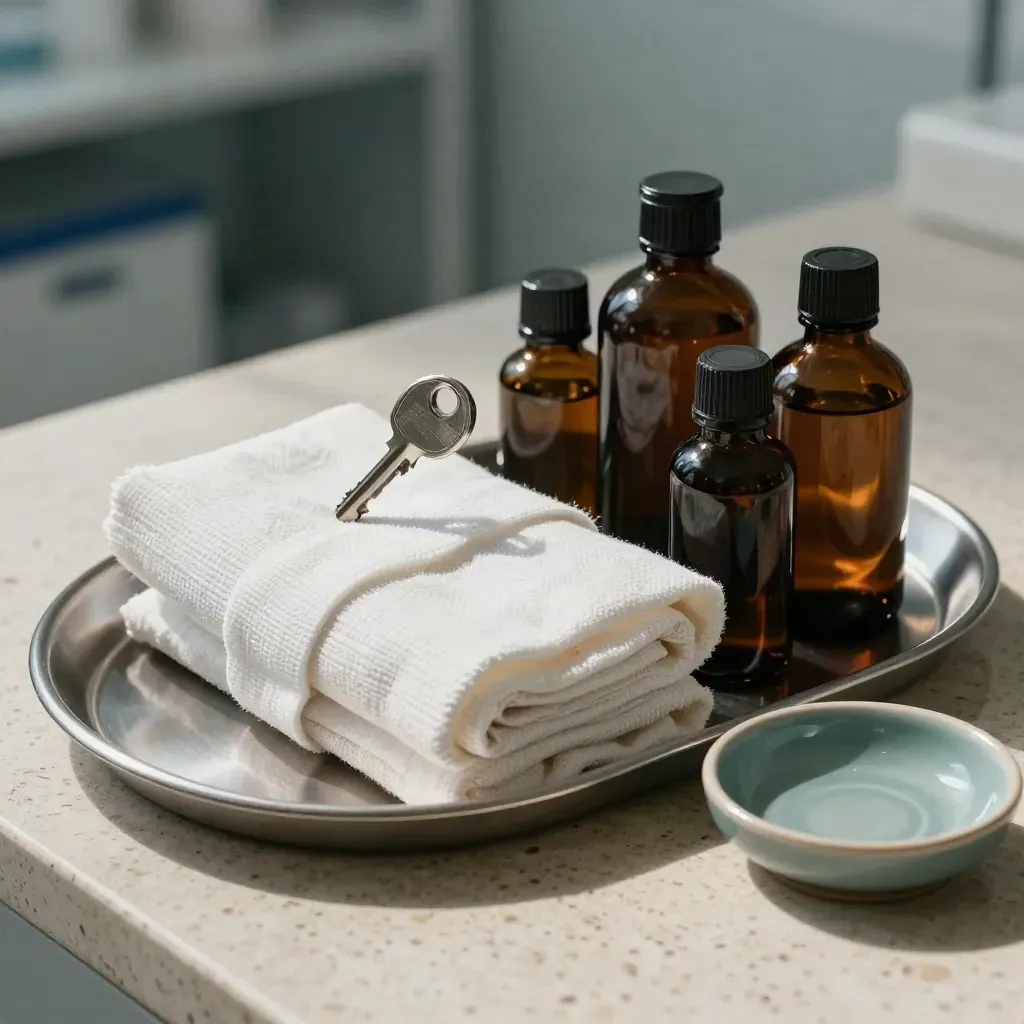 Dark apothecary bottles, stainless tray, and cotton wraps on travertine with cool teal accents