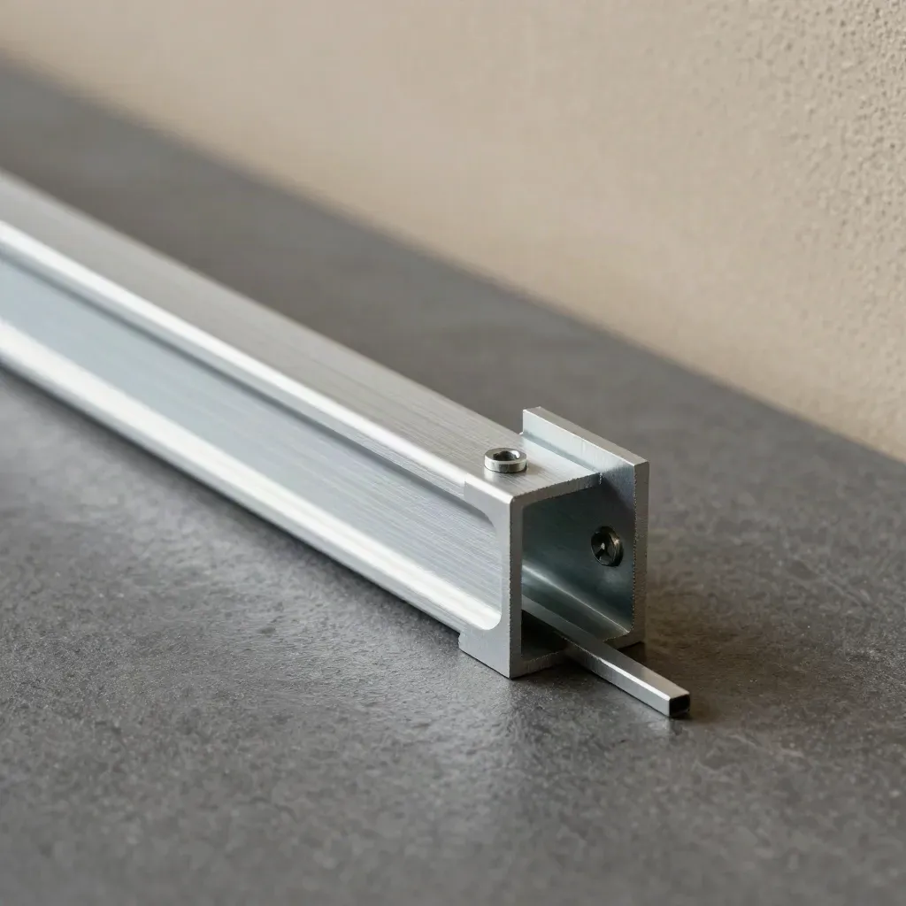Macro of aluminium frame rail and corner brackets on stone, silver and graphite.