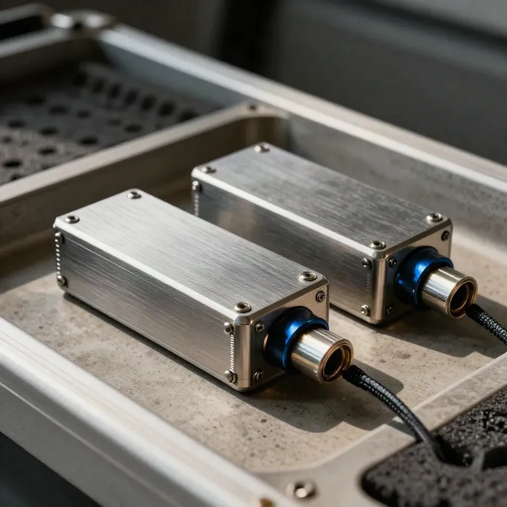 Brushed-metal SSD caddies and a fibre coupler in a transit cradle with cool daylight