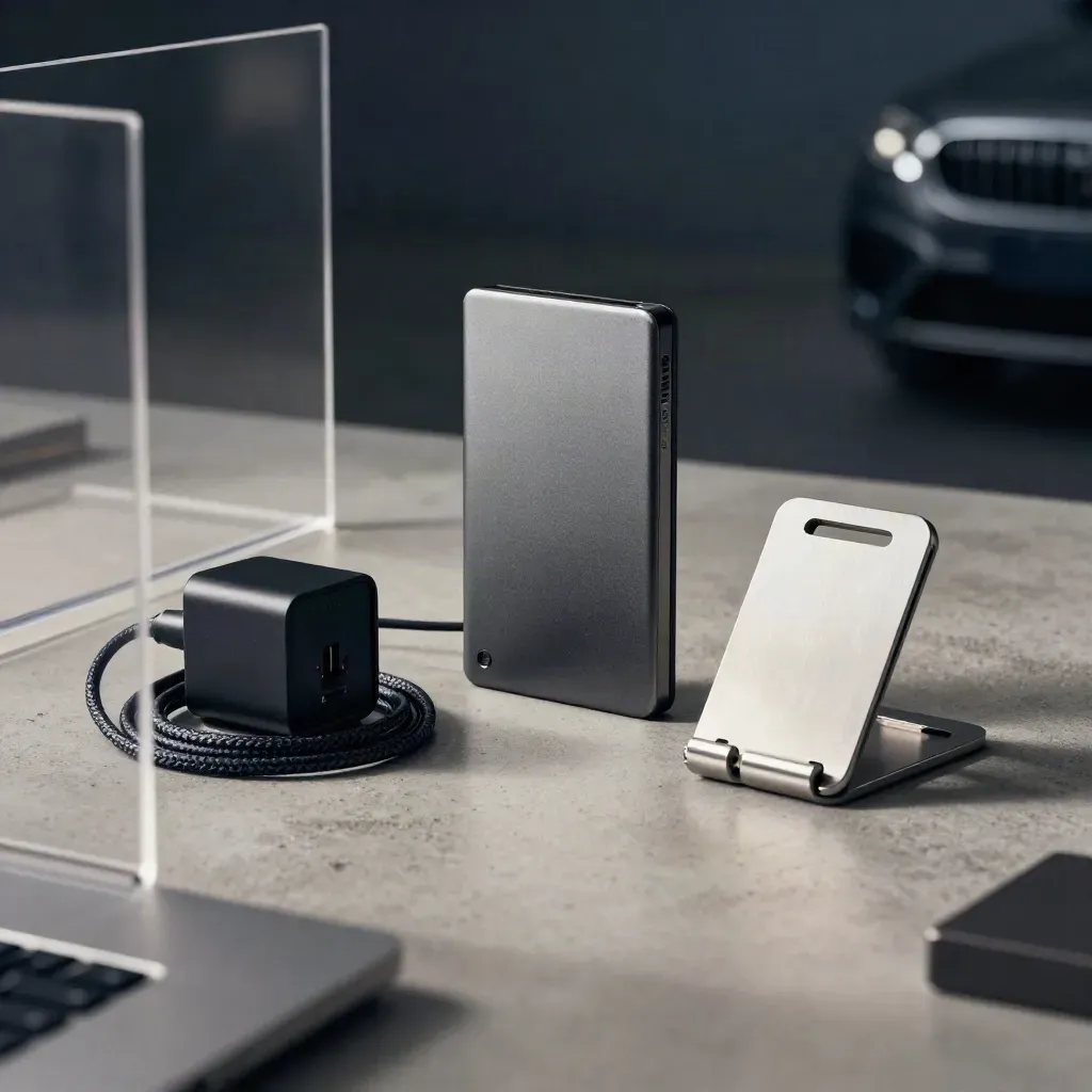 Portable SSD, charger, prototype enclosure and aluminium stand beside a blurred acrylic divider.