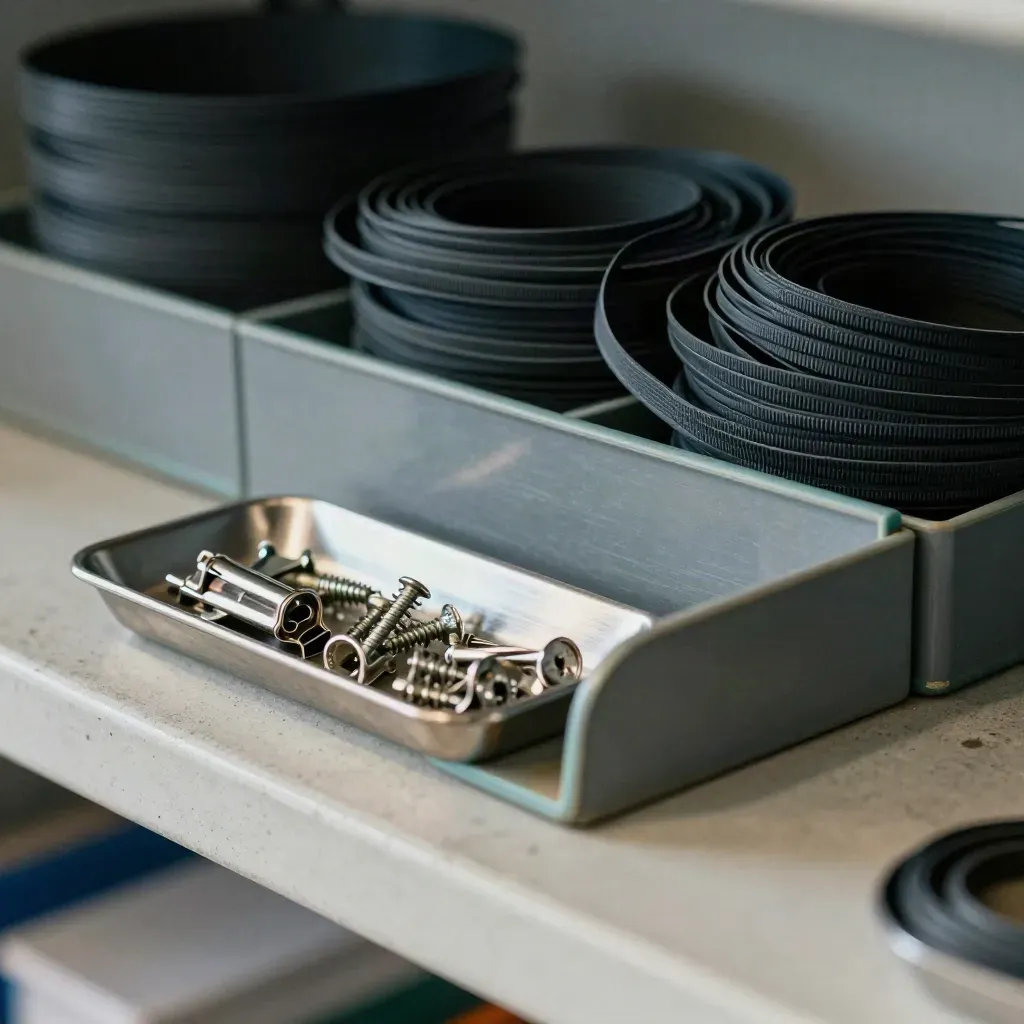 Close-up of cable ties, tray divider and parts dish on a utility shelf in soft daylight.
