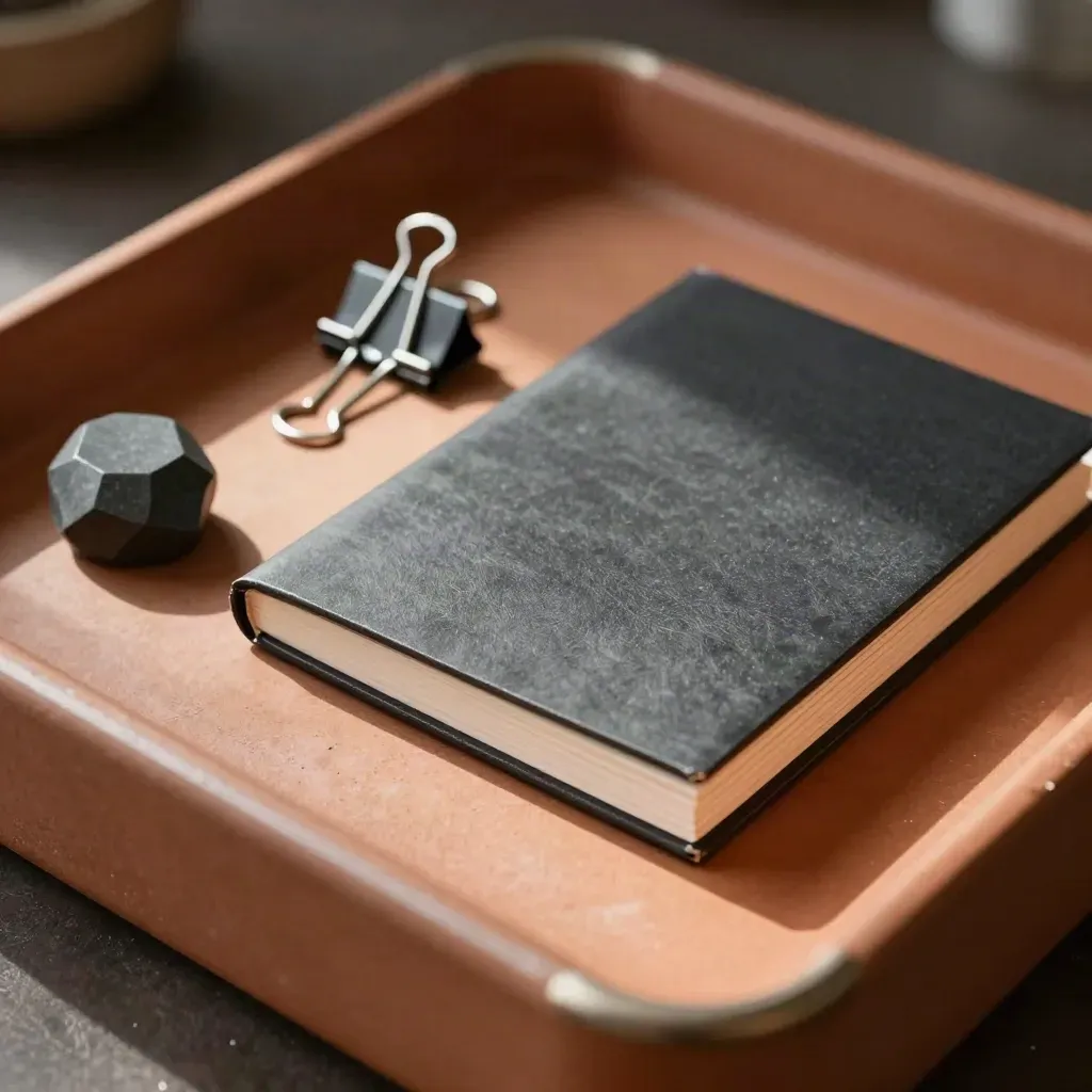 Overhead still life of graphite paperweight, index clips and sealed folder on terracotta surface