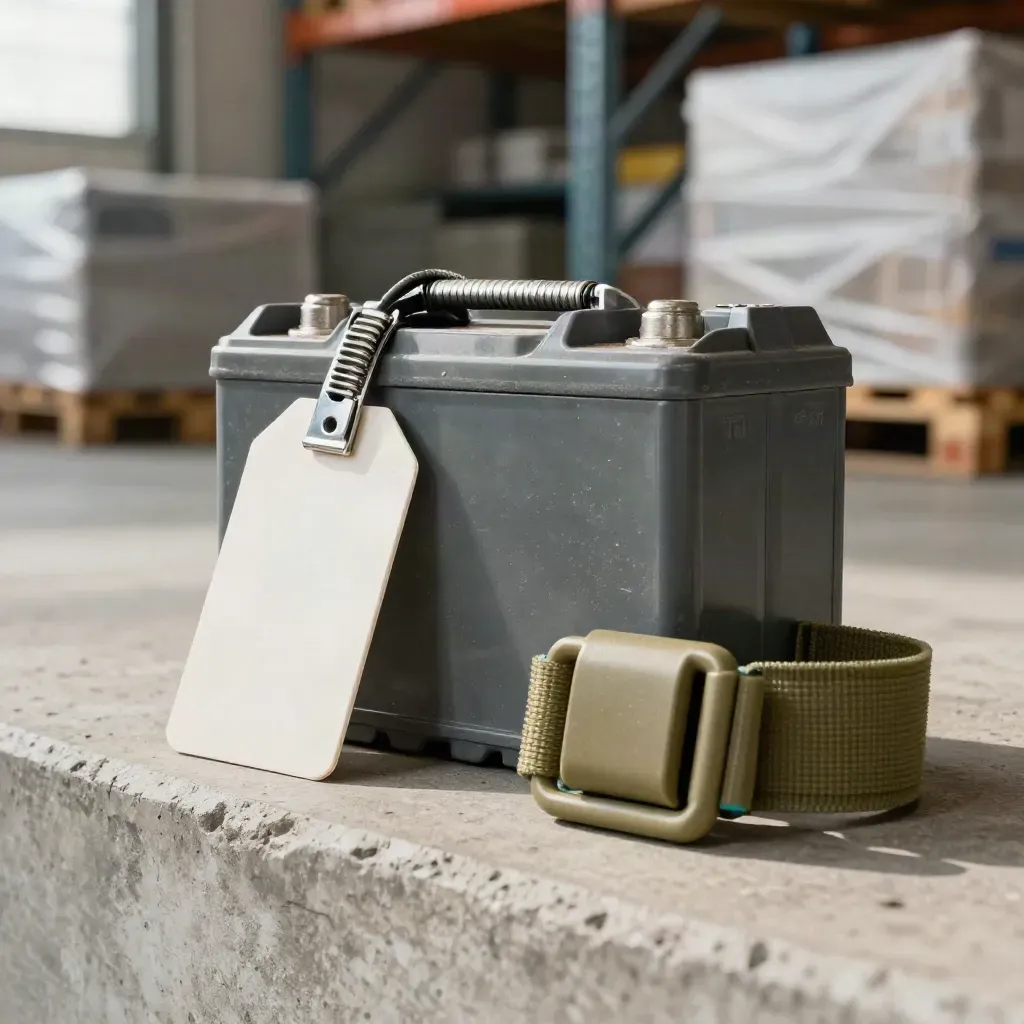 Macro still life of a rugged battery pack, tag clip, and parcel buckle on a concrete ledge.