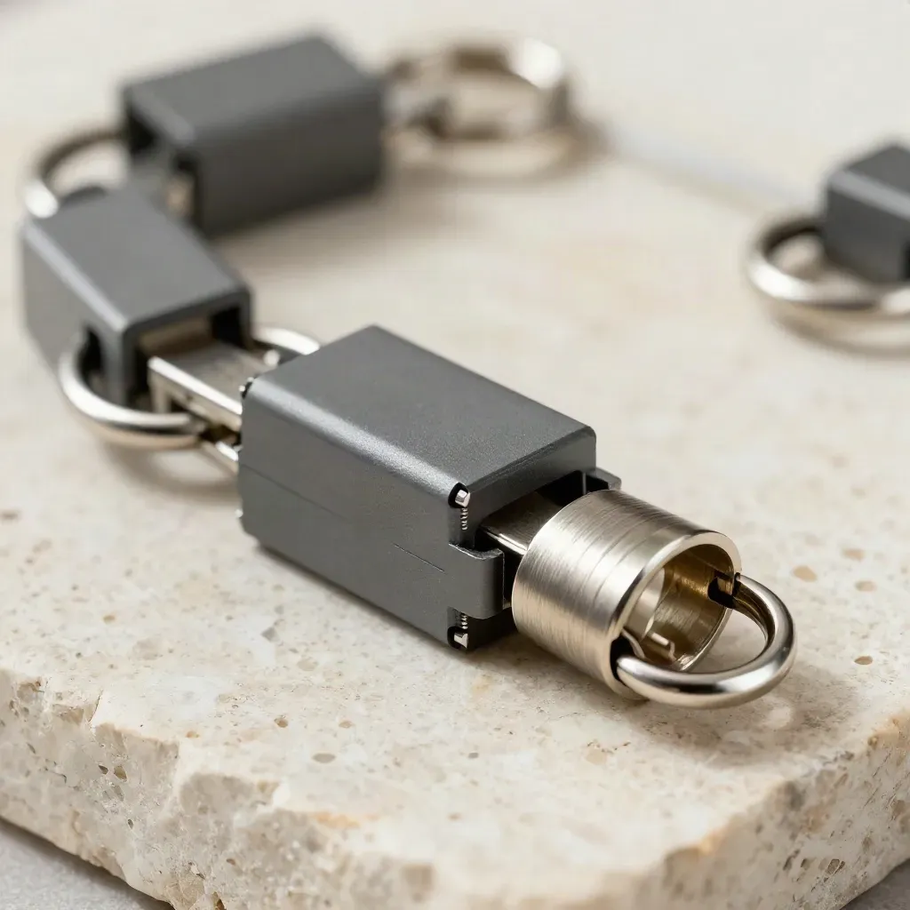 Top-down macro of cable clips, metal rings, and a connector block on pale stone.