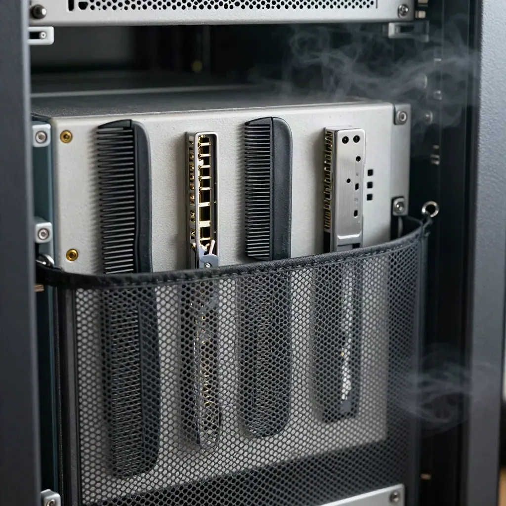 Macro still life of IT rack maintenance tools beside a server rack door.