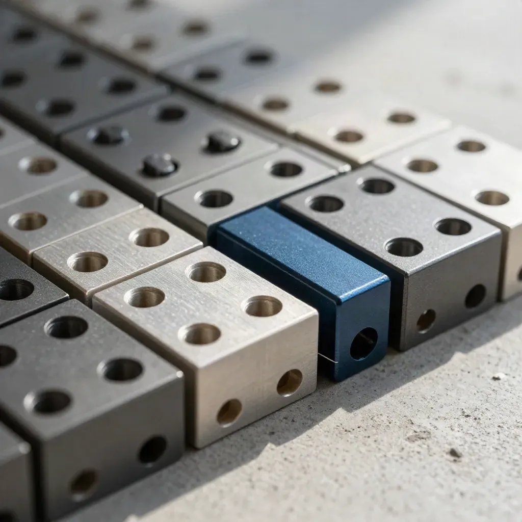 Extreme macro of modular blocks aligning on concrete with a midnight-blue connector accent.