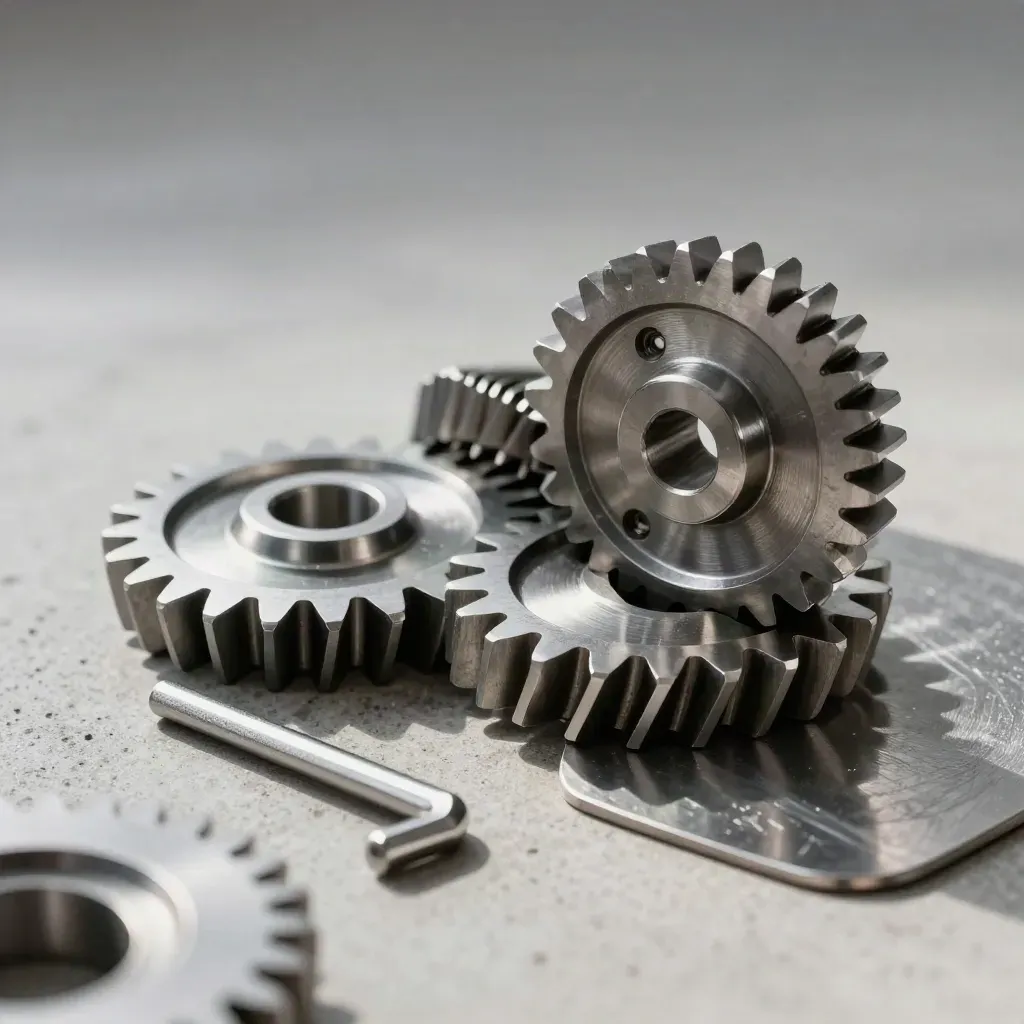 Meshed steel gears, hex key, and brushed plate on limestone under dramatic studio light.