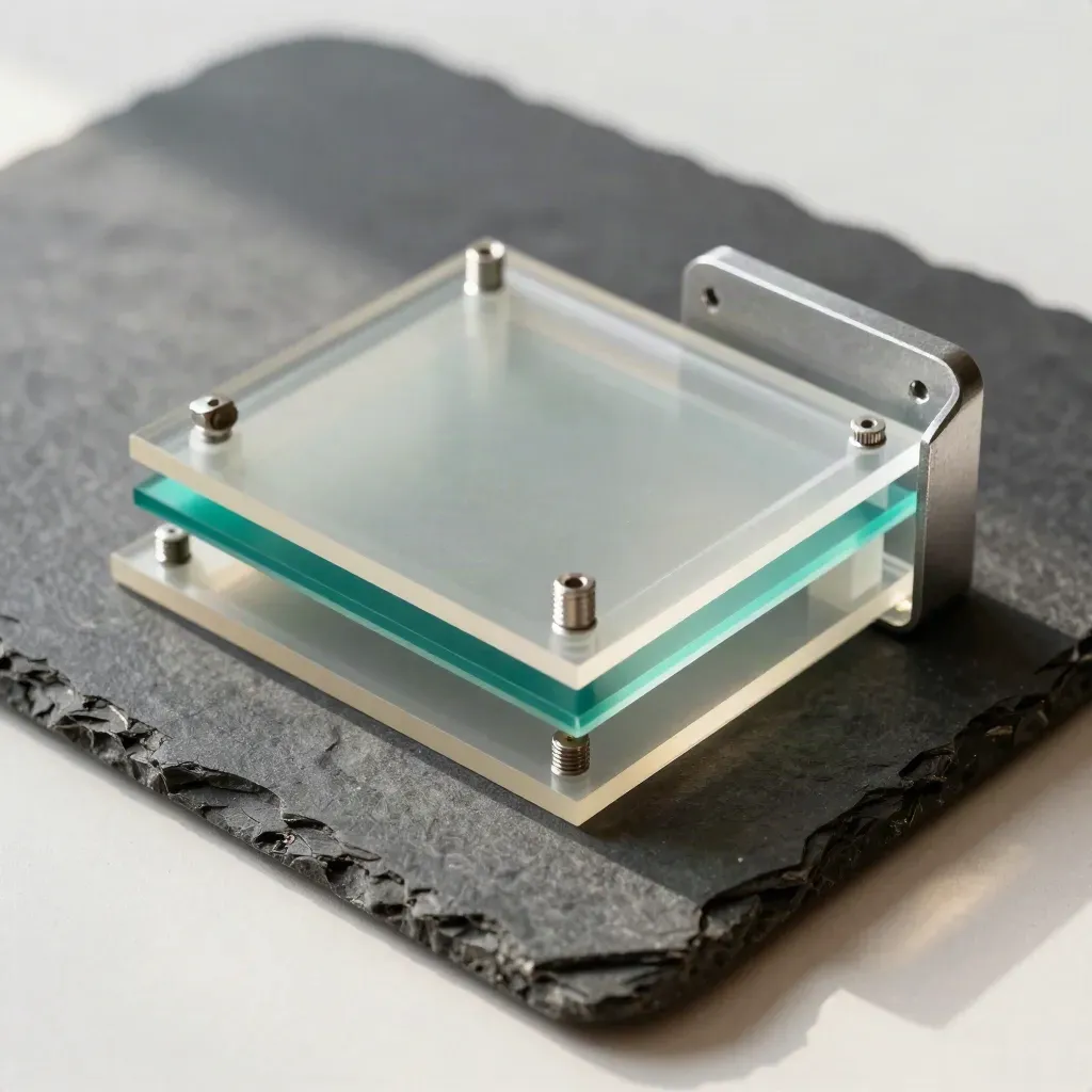 Overhead still life of acrylic geometry and an aluminium bracket on stone.